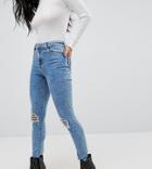 Asos Petite Ridley High Waist Skinny Jeans In Sinclair 80s Acid Wash With Busts - Blue