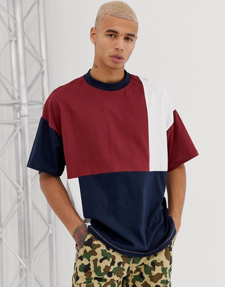 Asos Design Organic Cotton Oversized T-shirt Patchwork Cut And Sew In Navy - Navy