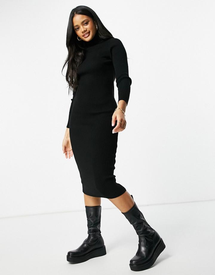 Fashionkilla Knitted High Neck Midi Body-conscious Dress In Black