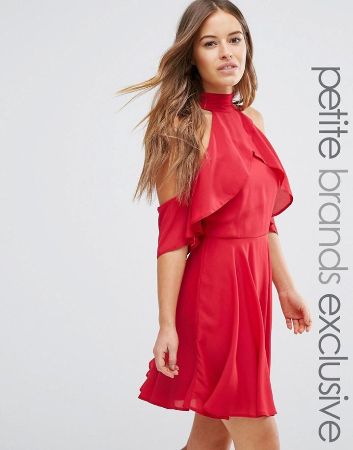 John Zack Petite High Neck Cold Shoulder Mini Dress With Ruffle Detail