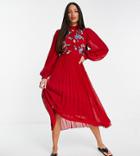 Asos Design Tall High Neck Pleated Long Sleeve Skater Midi Dress With Embroidery In Oxblood-red