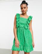 Ax Paris Square Neck Frill Sleeve Polka Dot Dress In Green