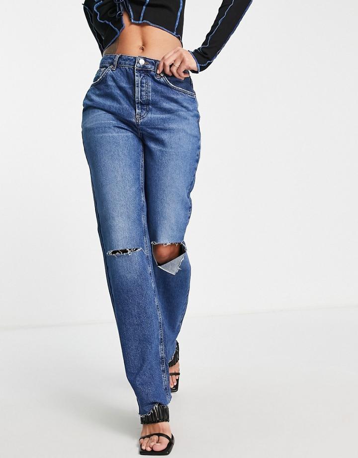 Na-kd Open Knee Straight High Waist Jeans In Mid Blue