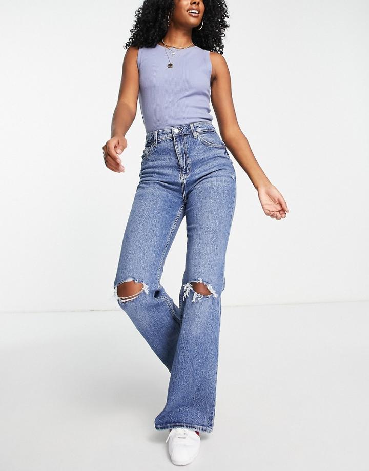 Bershka Rip Knee Flare Jeans And Mid Blue