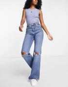 Bershka Rip Knee Flare Jeans And Mid Blue