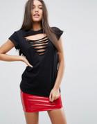 Asos T-shirt With Ravaged Front Neck Detail - Black