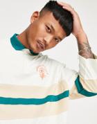 Asos Design Oversized Cut & Sew Polo Shirt With Flower Embroidery In Sand-neutral