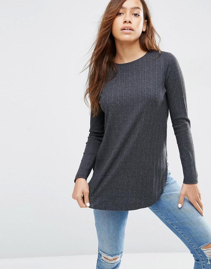Asos Long Sleeve Top With Side Splits And Curve Hem - Black Marl