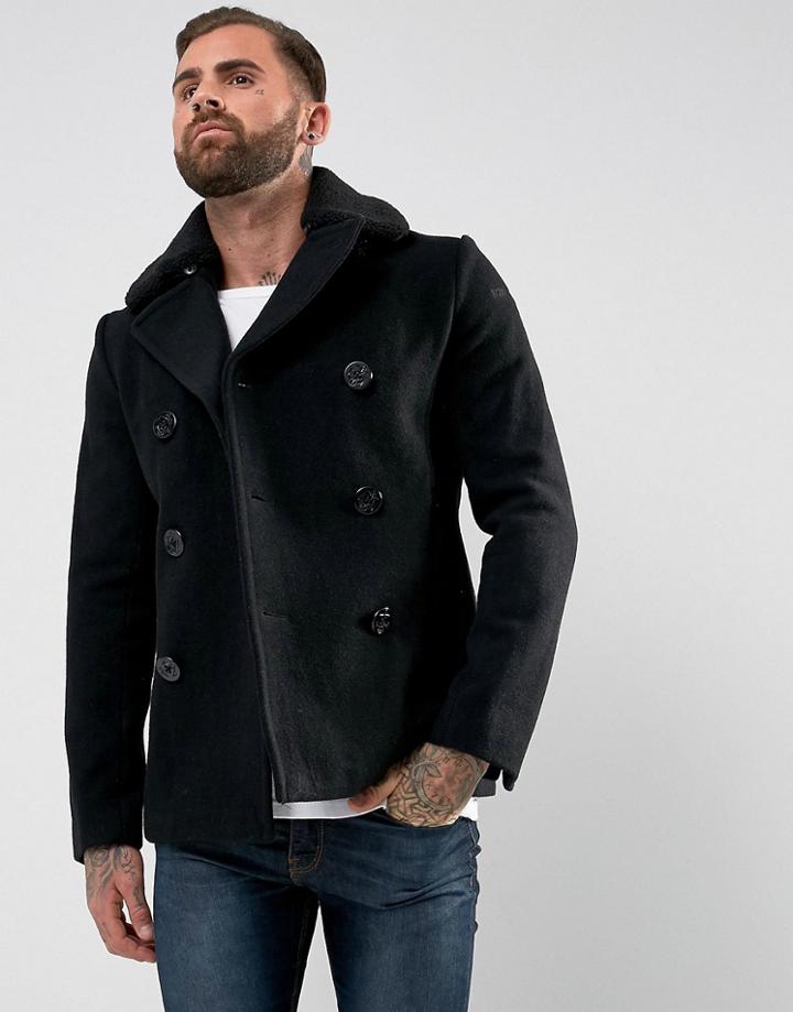 Schott Cyclone Fall Wool Reefer Coat Detachable Faux Fur Collar In Black - Black