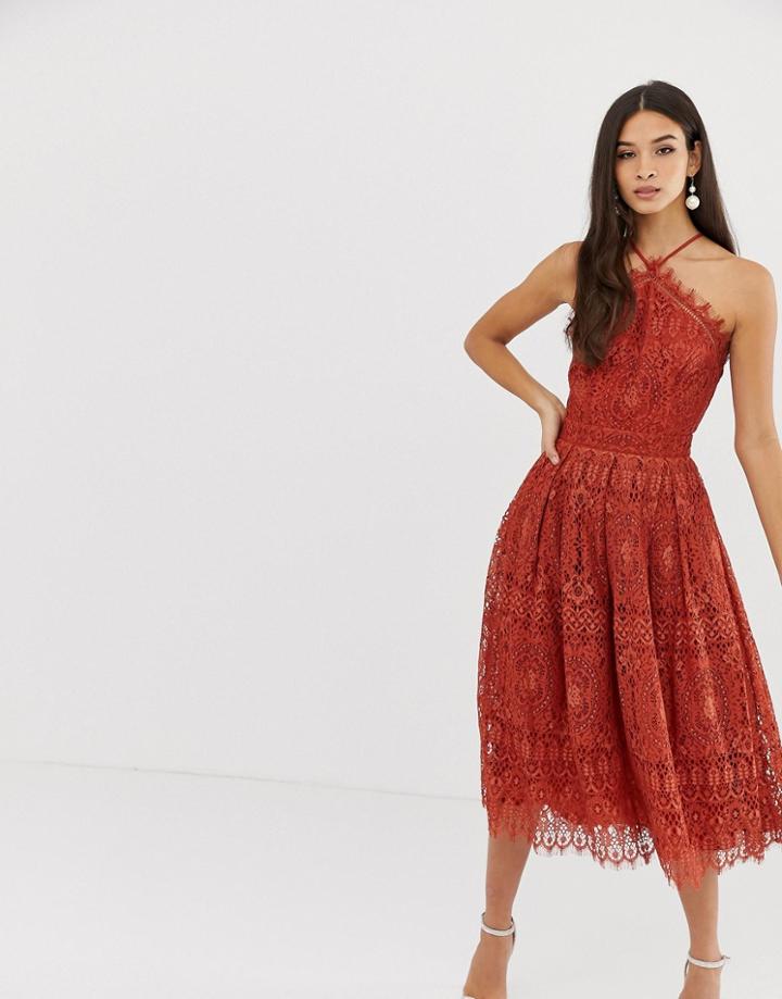 Asos Design Lace Midi Dress With Pinny Bodice-red