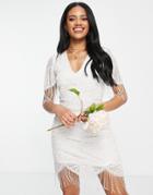 Starlet Bridal Fringe Sleeve Embellished Mini Dress In Ivory-white