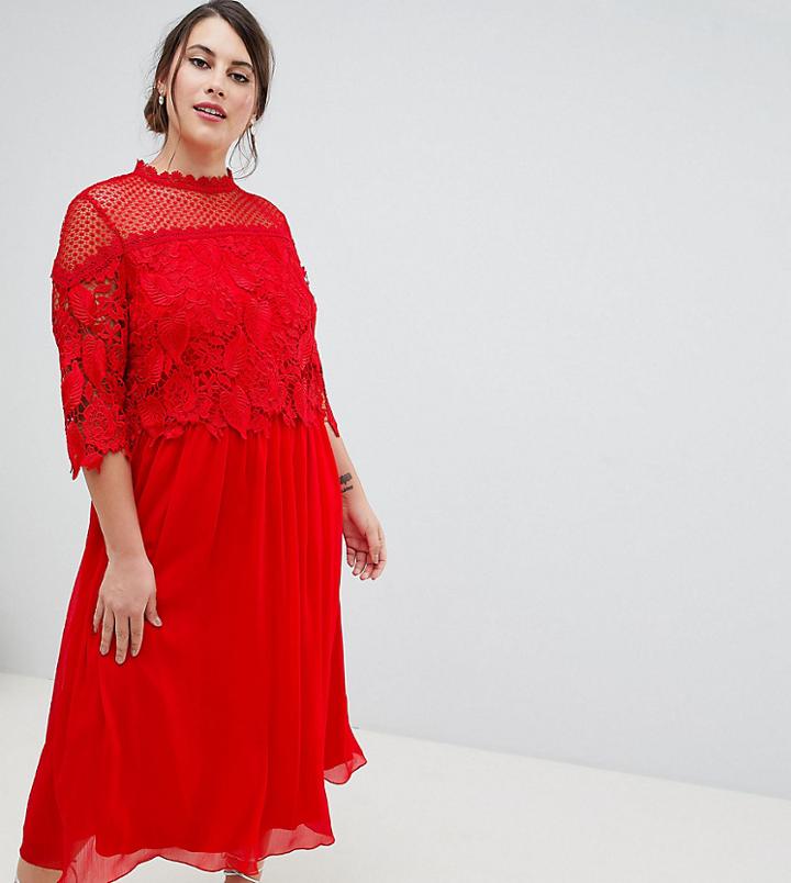 Little Mistress Plus Lace Top Midi Skater Dress In Red