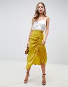 Asos Design Satin Midi Skirt With Popper Front - Yellow