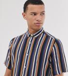 Asos Design Tall Regular Stripe Shirt In Navy And Brown - Navy