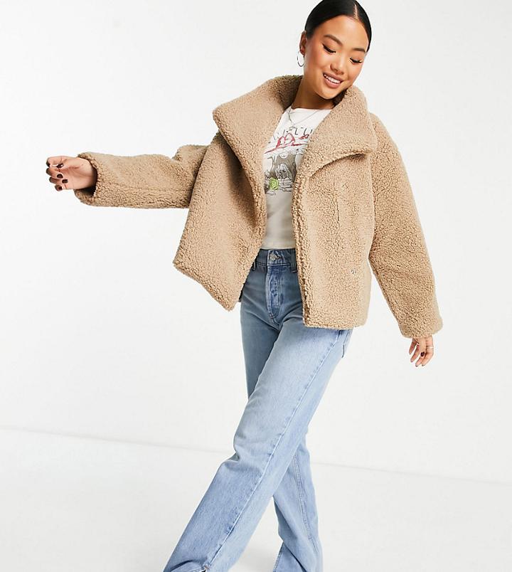 Asos Design Petite Waterfall Fleece Jacket In Camel-brown