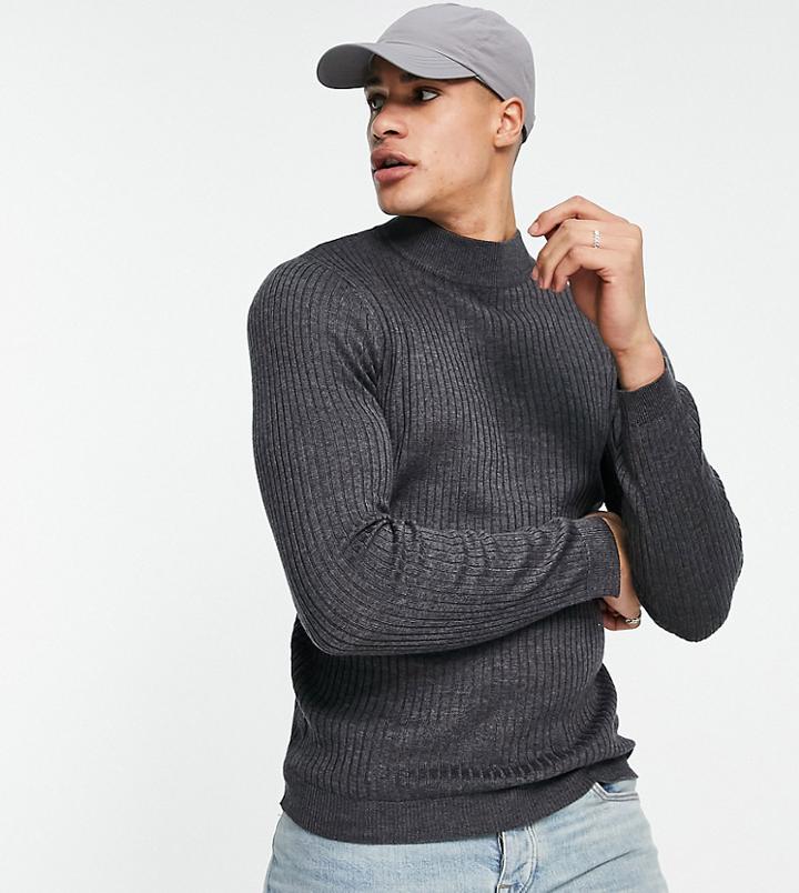 Brave Soul Tall Cotton Ribbed Turtle Neck Sweater In Charcoal-gray