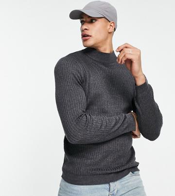 Brave Soul Tall Cotton Ribbed Turtle Neck Sweater In Charcoal-gray