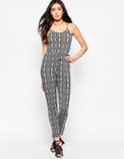 Qed London Tie Waist Jumpsuit In Mono Print
