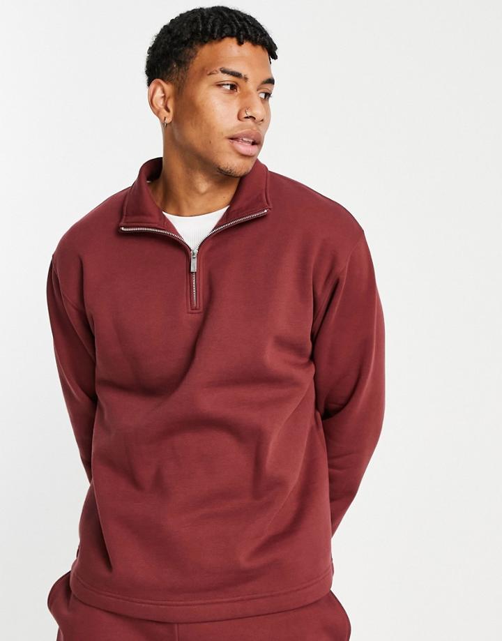 Topman Recycled Polyester Blend Half Zip Sweatshirt In Burgundy - Part Of A Set-red