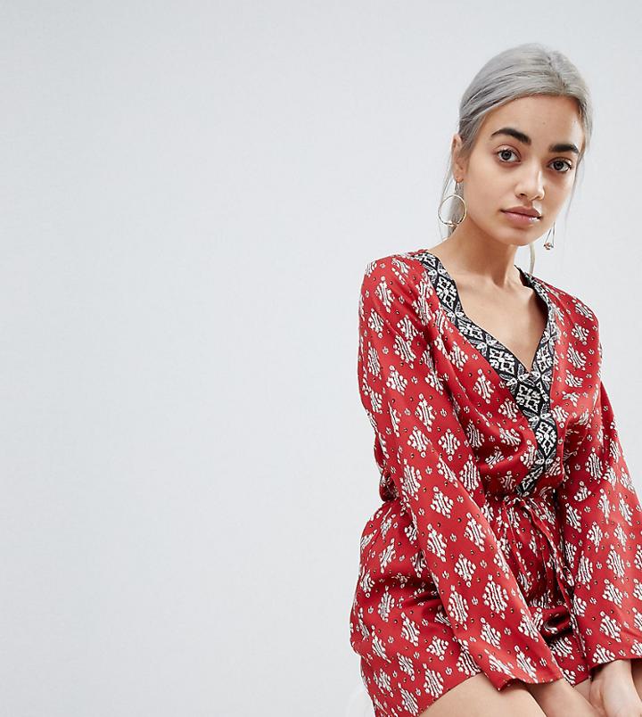 Parisian Petite Border Print Romper With Tie Waist - Red