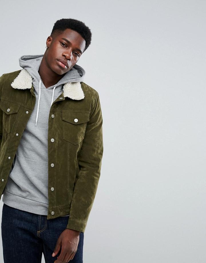 Stradivarius Fleece Lined Trucker Jacket In Khaki - Green