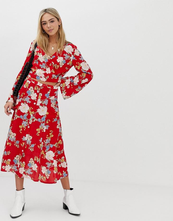 Miss Selfridge Midi Skirt In Floral Print-red