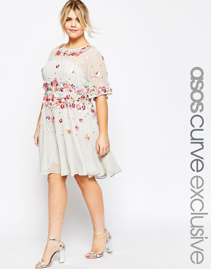 Asos Curve Skater Dress With 3d Embellishment - Gray