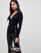 Morgan Knitted Wrap Top With Button Detail In Navy
