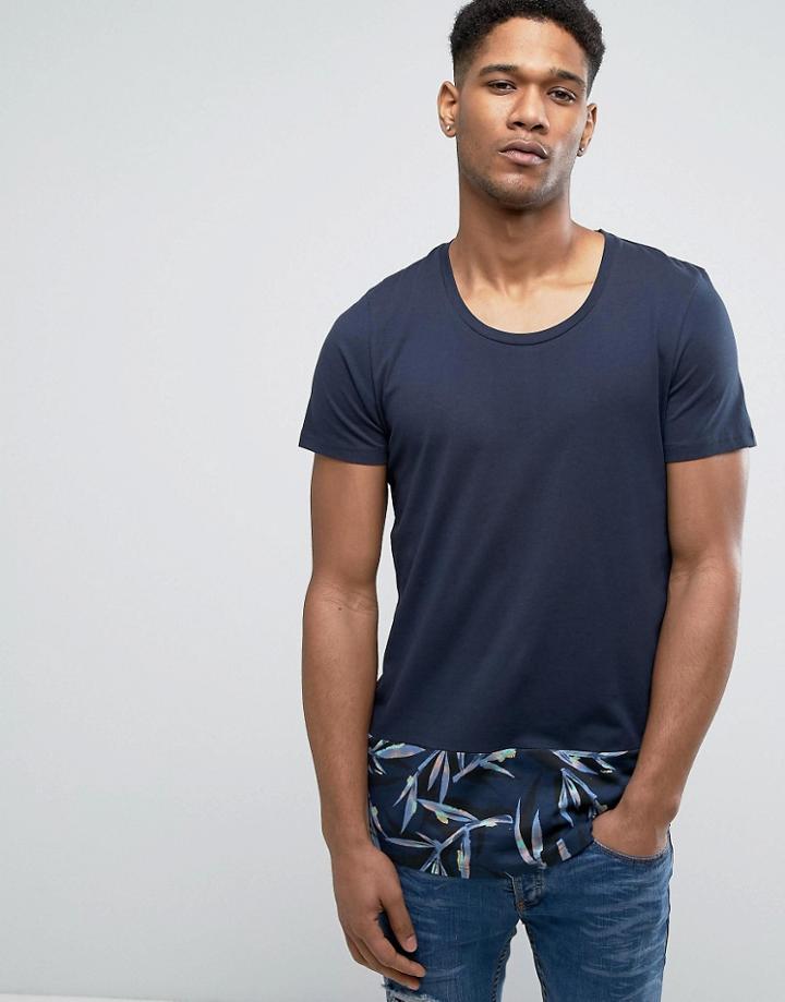 Jack & Jones Originals Longline T-shirt With Contrast Curved Hem Panel - Navy