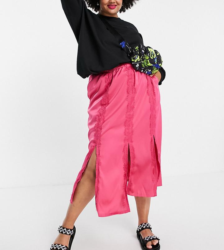 Lola May Plus Split Front Midi Skirt With Lace Detail In Hot Pink