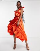 Little Mistress Bridesmaid Ruffle Wrap Dress In Sunset Orange