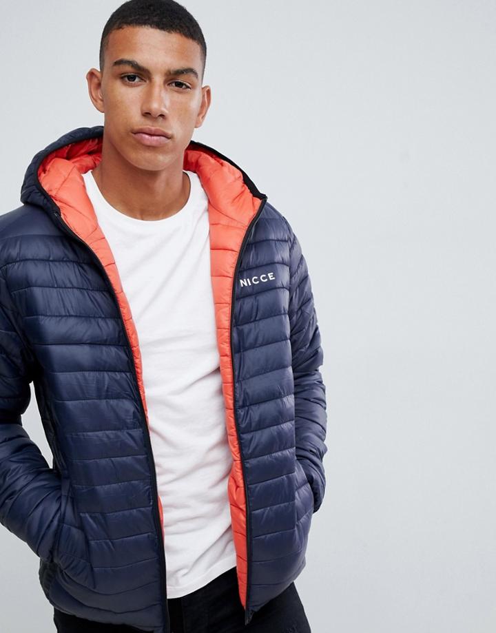 Nicce Reversible Puffer Jacket In Navy Orange With Hood - Orange