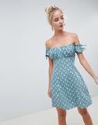 Asos Design Off Shoulder Mini Dress In Ditsy Floral - Multi