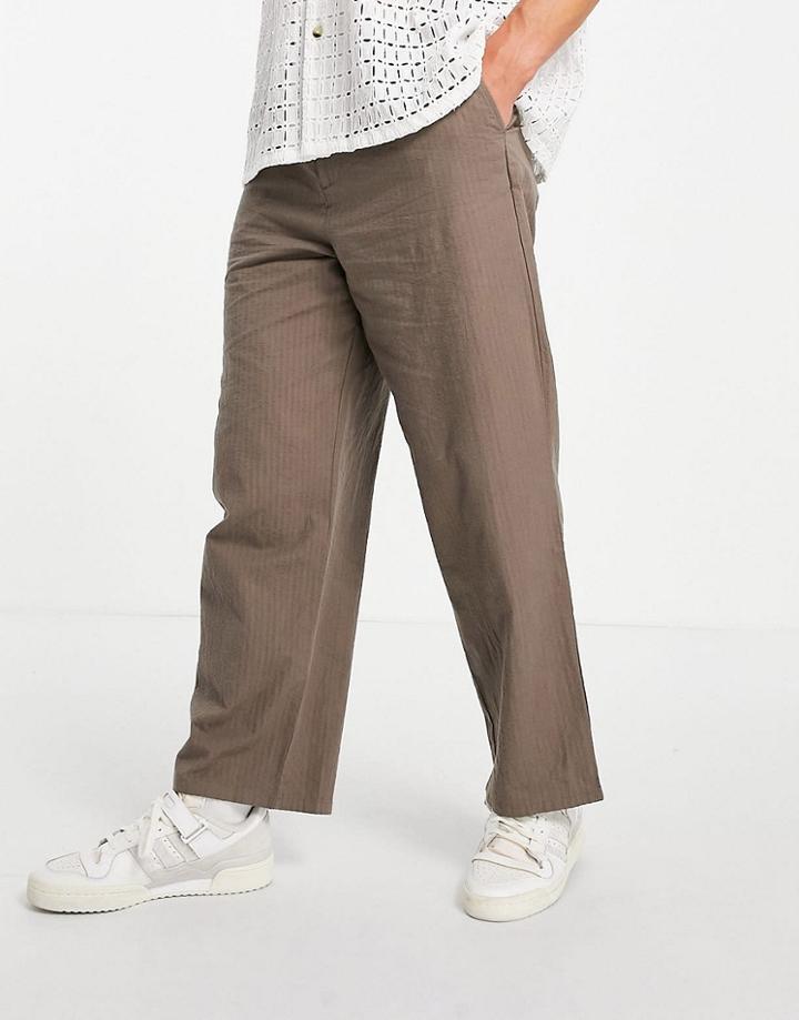 Asos Design Wide Leg Pants With Pleats In Brown Seersucker