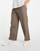 Asos Design Wide Leg Pants With Pleats In Brown Seersucker