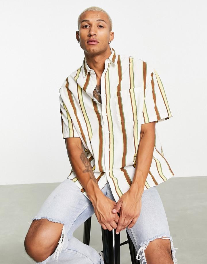 Asos Design Boxy Oversized Shirt In Linen Look Ecru And Brown Stripe-neutral