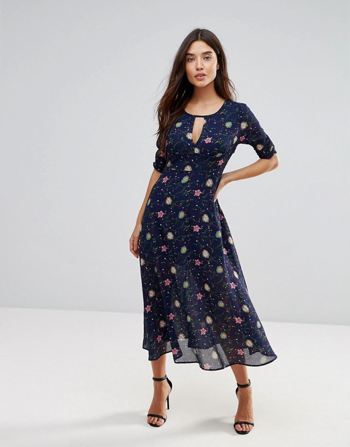 Liquorish Floral Midi Dress With Keyhole - Multi