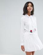Unique21 Pussy Bow Pleated Dress With Embroidery - White