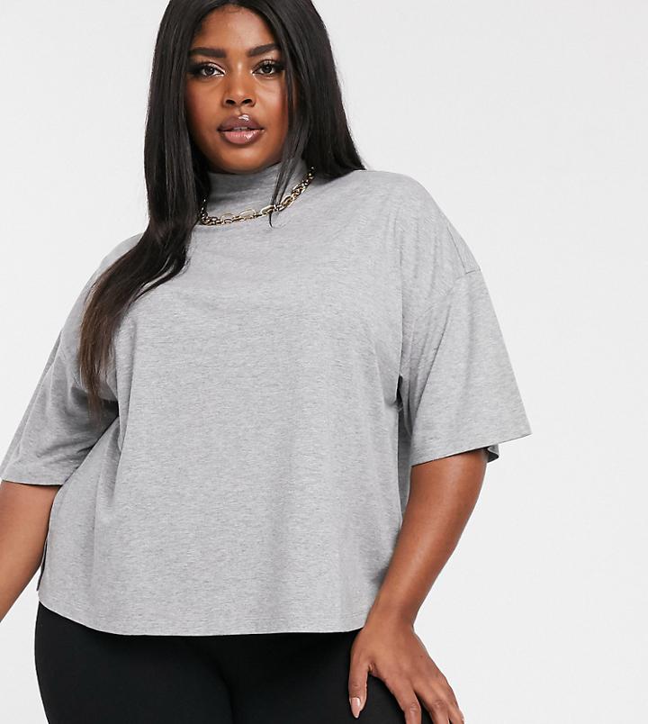 Asos Design Curve High Neck Short Sleeve T-shirt In Gray Marl