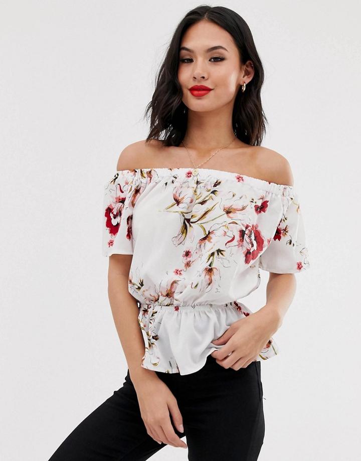 Parisian Bardot Top In Floral Print - White