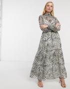 Asos Design High Neck Tiered Maxi Dress In Leopard Print-multi