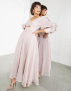 Asos Edition Blouson Sleeve Midi Dress In Organza Check In Blush-pink