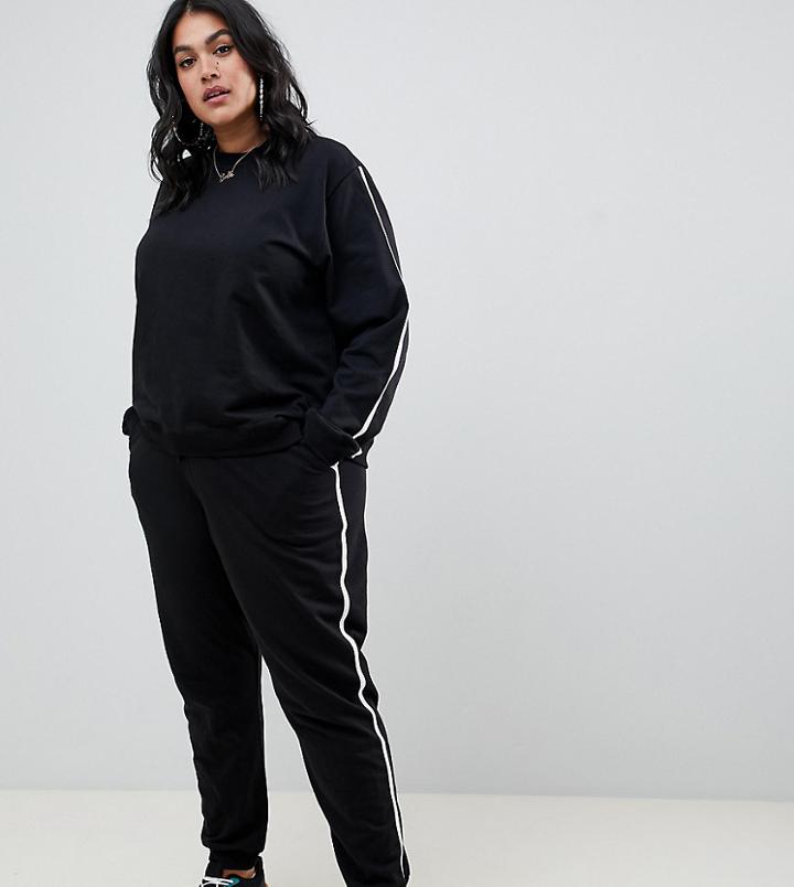 Asos Design Curve Tracksuit Cute Sweat / Basic Jogger With Tie With Contrast Binding - Black