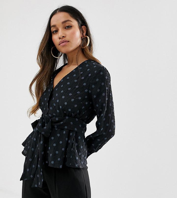 Y.a.s Petite Polka Dot Top With Waist Tie-black