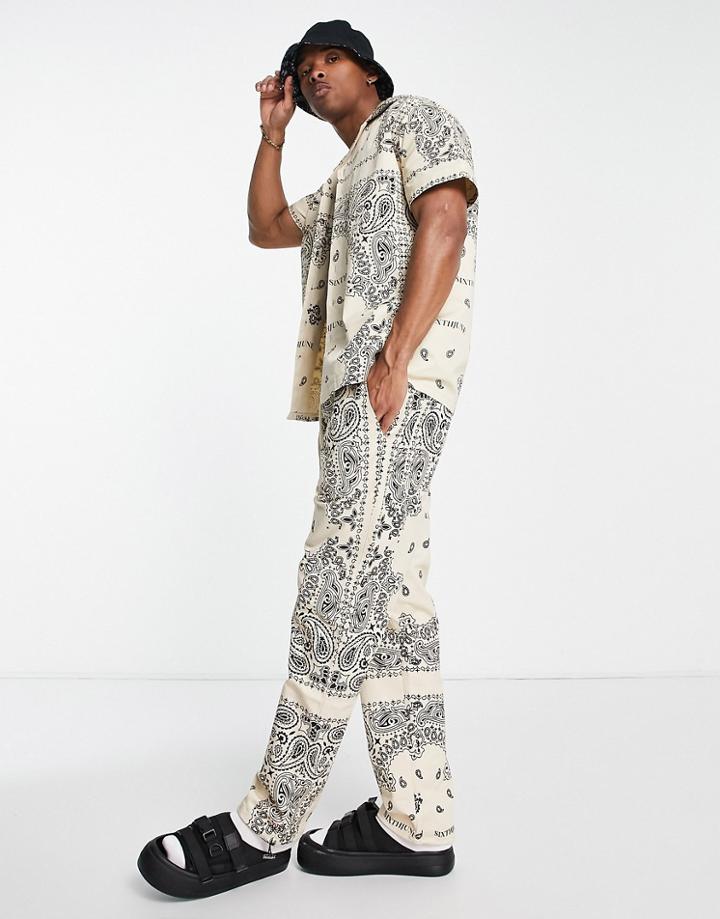 Sixth June Straight Leg Pants In Beige With All Over Bandana Print - Part Of A Set-neutral