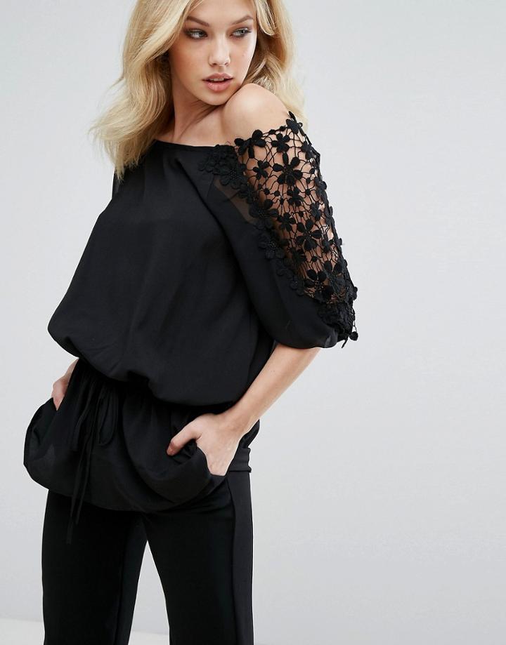 Zibi London Oversized T-shirt With Lace Inserts - Black
