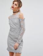 Fashion Union Cold Shoulder Lace Dress - Gray