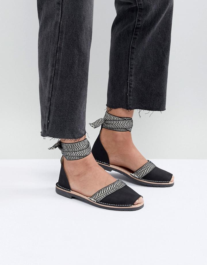 Solillas Black Leather Ankle Tie Menorcan Sandals - Black