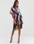 Asos Design Satin Kimono Midi Dress With Knot Front And Asymmetric Sleeve In Abstract Print - Multi