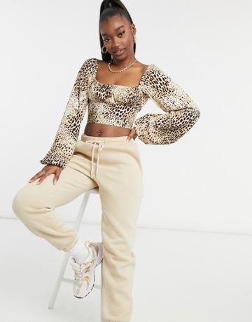 Motel Milk Maid Crop Top With Ruched Bust In Sand Leopard-neutral